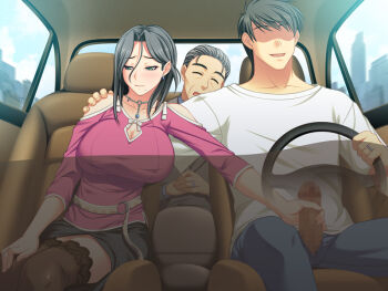 1girl 2boys :d ^_^ age_difference arm_around_neck asakura_sakura averting_eyes bare_shoulders belt black_hair black_thighhighs blush breasts building car car_interior censored cheating_(relationship) cityscape cleavage cleavage_cutout closed_eyes closed_mouth clothed_sex clothing_cutout cloud couple day denim driving earrings embarrassed faceless faceless_male formal_clothes game_cg green_eyes grey_hair hair_between_eyes hand_on_another&#039;s_shoulder hand_on_own_knee handjob happy_sex head_tilt hetero hug huge_breasts husband_and_wife jeans jewelry lace lace-trimmed_legwear lace_trim large_breasts left-hand_drive looking_away looking_down mature_female miniskirt mole mole_under_mouth mosaic_censoring motor_vehicle multiple_boys necklace old old_man open_fly open_mouth outstretched_arm own_hands_clasped own_hands_together pants pencil_skirt pendant penis raised_eyebrows ring shiga_ryouji shirt short_hair side_slit sitting skirt sky skyscraper smile stealth_handjob stealth_sex suit t-shirt thighhighs transparent umetsu_reimi umetsu_tatsumi unknown uwaki_tsuma wedding_band west_vision x-ray zettai_ryouiki