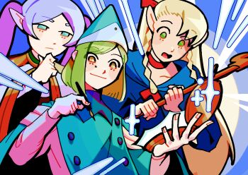 3girls aqua_dress aqua_hat blonde_hair blue_dress capelet coco_(tongari_boushi_no_atelier) collarbone commentary crossover dress dungeon_meshi elf english_commentary fantasy frieren genre_connection green_eyes hat highres holding holding_pen huasira long_hair marcille_donato multiple_crossover multiple_girls open_mouth pen pointy_ears smile sousou_no_frieren thinking tongari_boushi_no_atelier twintails white_capelet