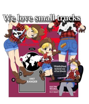 1girl animal_print ass belt belt_buckle bent_over blonde_hair blue_shorts boots brown_belt brown_boots brown_gloves buckle chair commentary cow_print cowboy_boots cowboy_hat death_by_lolis empty_eyes english_commentary english_text ford ford_ranger freckles gloves hat highres knees_together_feet_apart logo looking_at_viewer monitor open_mouth original personification plaid_clothes plaid_shirt red_shirt shirt shirt_tucked_in short_shorts shorts sitting smile spurs sticker table vest white_vest