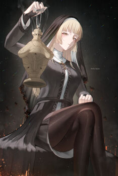 Rule 34 | 1girl, absurdres, arm up, artist name, axylon, black background, black dress, black gloves, black pantyhose, black veil, blonde hair, blunt bangs, blunt ends, breasts, bridal gauntlets, burning clothes, chain, closed mouth, commentary, commission, cross, crossed legs, dress, embers, english commentary, gloves, gold cross, hand on own thigh, highres, holding, incense burner, lens flare, light particles, long hair, long sleeves, looking ahead, medium breasts, nun, original, pantyhose, pixiv commission, sitting, slit pupils, smoke, solo, thighs, veil, very long hair, yellow eyes