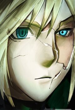 1boy aqua_eyes black_background blonde_hair cho5782 closed_mouth cloud_strife crack cracked_mask cracked_skin derivative_work final_fantasy final_fantasy_vii final_fantasy_vii_remake hair_between_eyes highres male_focus retro_artstyle short_hair solo turtleneck