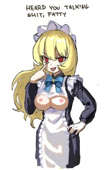1girl apron artist_request blonde_hair breasts breasts_out character_request eyelid_pull hand_on_own_hip highres large_breasts legs long_hair maid naughty_face nipples red_eyes source_request taunting thighs tongue tongue_out