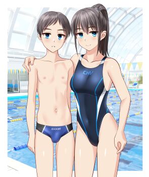 1boy 1girl absurdres age_difference black_hair blue_eyes blue_one-piece_swimsuit blue_swim_briefs breasts brother_and_sister bulge competition_swimsuit covered_navel cowboy_shot hand_on_another's_shoulder highleg highleg_one-piece_swimsuit highres indoors lane_line male_swimwear medium_breasts navel one-piece_swimsuit onee-shota original parted_bangs ponytail pool siblings smile swimsuit takafumi