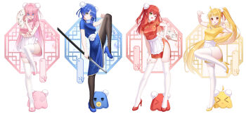 &gt;_&lt; 4girls @_@ ahoge alternate_costume alternate_hairstyle apron black_pantyhose blonde_hair blue_dress blue_eyes blue_hair blue_shoes blunt_sidelocks bocchi_the_rock! breasts bun_cover china_dress chinese_clothes choppy_bangs color_coordination commentary_request contrapposto double_bun dress eyes_visible_through_hair floating_hair frilled_apron frills gotoh_hitori gotoh_hitori_(octopus) hair_bun hair_ornament hair_over_eyes hairclip hand_fan hand_on_own_hip hand_on_own_thigh hand_up high_heels highres holding holding_fan holding_sword holding_weapon ijichi_nijika kessoku_band kita_ikuyo large_breasts leg_up long_bangs long_hair looking_at_viewer looking_to_the_side medium_breasts merueru mole mole_under_eye multiple_girls one_eye_closed one_side_up open_mouth pacifier pantyhose paper_fan parallel_hairclips pink_dress pink_hair pink_shoes pom_pom_(clothes) pom_pom_hair_ornament raised_inner_eyebrows red_dress red_hair red_shoes sheath sheathed shoes short_dress short_hair short_sleeves side_ponytail side_slit sidelocks smile standing standing_on_one_leg straight_hair sword tearing_up thighband_pantyhose thighhighs turning_head very_long_hair waist_apron weapon white_apron white_thighhighs yamada_ryo yellow_dress yellow_eyes yellow_shoes zettai_ryouiki