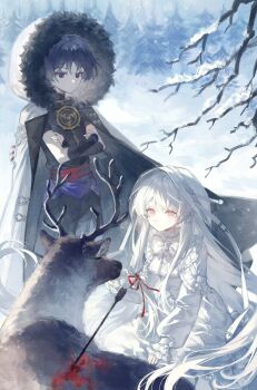 1boy 1girl aiguillette antlers armor arrow_(projectile) arrow_in_body artist_request bare_tree black_bodysuit black_hair black_shirt black_shorts black_sleeves blood blunt_ends bodysuit bow closed_mouth coat collar commission commissioner_insert crossed_arms dress expressionless eyeliner eyeshadow fatui_coat fatui_logo frilled_bow frilled_collar frilled_sleeves frills fur-trimmed_hood fur_trim genshin_impact gold hand_on_own_arm highres hood hood_up hooded_coat horns japanese_armor jewelry kote kurokote lapels large_bow long_hair long_sidelocks long_sleeves looking_at_another makeup mandarin_collar mitsudomoe_(shape) mole mole_under_eye neck_ring original outdoors purple_eyes purple_sash red_eyeliner red_eyes red_eyeshadow red_sash reindeer sash scaramouche_(genshin_impact) shirt short_sleeves shorts sidelocks snow snowing tareme tomoe_(symbol) tree white_bow white_coat white_collar white_dress white_hair white_hood white_sleeves wispy_bangs
