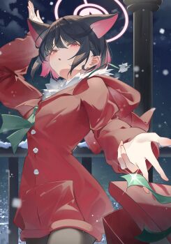 1girl absurdres animal_ears arm_up black_hair black_pantyhose blue_archive buttons cat_ears cat_girl christmas colored_inner_hair commentary cowboy_shot green_ribbon hair_between_eyes halo highres hood hood_down hoodie kazusa_(blue_archive) long_sleeves looking_at_viewer miku_rasha multicolored_hair neck_ribbon open_mouth pantyhose pink_hair pink_halo red_eyes red_hoodie ribbon short_hair two-tone_hair