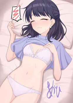 Rule 34 | 1girl, akahi (akahi242), bed, bed sheet, black hair, blush, bra, breasts, closed eyes, closed mouth, clothes lift, commentary request, earrings, embarrassed, fukumaru koito, highres, idolmaster, idolmaster shiny colors, jewelry, lying, medium hair, navel, on bed, panties, pillow, purple shirt, shirt, shirt lift, small breasts, solo, spoken squiggle, squiggle, underwear, white bra, white panties