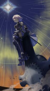 1girl armor armored_legwear armored_leotard bare_shoulders black_leotard black_thighhighs boobplate breastplate commentary_request duang_(user_tsag8258) fate/grand_order fate_(series) gloves hair_over_one_eye highres leotard lord_camelot_(fate) mash_kyrielight mash_kyrielight_(demi-servant) multicolored_gloves multicolored_leotard multicolored_thighhighs pink_hair purple_eyes purple_skirt purple_thighhighs shield short_hair showgirl_skirt sitting skirt solo star_(sky) sword thighhighs two-tone_gloves two-tone_leotard two-tone_thighhighs weapon