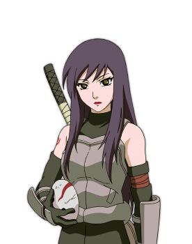 brown_eyes commentary english_commentary gloves konohagakure_anbu_uniform mask naruto_(classic) naruto_(series) purple_hair red_lips sword uzuki_yuugao weapon