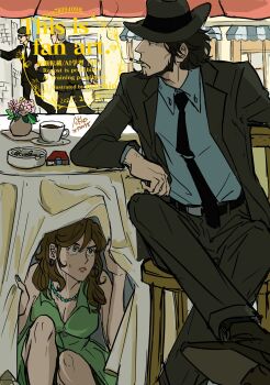 Rule 34 | 1girl, 3boys, beard, black necktie, black suit, blue shirt, brown hair, cigarette, commentary request, dress, facial hair, formal clothes, green dress, hair between eyes, hat, hiding, highres, jewelry, jigen daisuke, long hair, lupin iii, michio (hara78994098), mine fujiko, multiple boys, necklace, necktie, outdoors, pearl necklace, shirt, short hair, sitting, sleeveless, sleeveless dress, suit, sunglasses