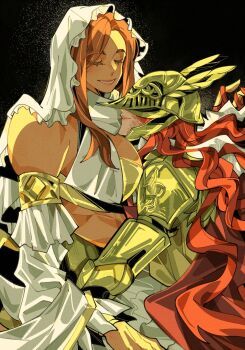 2girls armor breasts brown_hair cape cleavage closed_mouth cold_coat covered_eyes curvy dark_souls_(series) dark_souls_i drenched-in-sunlight dress elden_ring fromsoftware giant giantess helmet helmet_over_eyes highres holding holding_sword holding_weapon large_breasts long_hair malenia_blade_of_miquella mechanical_arms multiple_girls prosthesis prosthetic_arm queen_of_sunlight_gwynevere red_cape red_hair simple_background single_mechanical_arm smile sword very_long_hair weapon wife_and_wife winged_helmet yuri