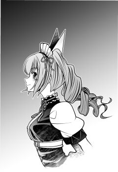 1girl absurdres akiha_rumiho animal_ears breasts cat_ears commentary_request dress drill_hair eibon from_side gradient_background greyscale hair_ribbon highres long_hair looking_at_viewer maid maid_headdress mayqueen_maid_uniform medium_breasts monochrome puffy_sleeves ribbon ribbon-trimmed_corset science_adventure sideways_glance simple_background smile solo steins;gate twin_drills twintails upper_body