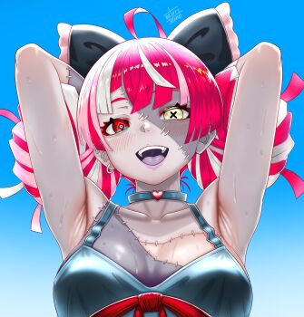 1girl absurdres ahoge armpits arms_behind_head arms_up blush breasts choker colored_skin double_bun fangs grey_skin hair_bun heart heart_choker heterochromia highres hololive hololive_indonesia kureiji_ollie large_breasts looking_at_viewer multicolored_hair netorigame open_mouth patchwork_skin presenting_armpit red_eyes red_hair smile solo stitched_arm stitched_face stitched_torso stitches sweat virtual_youtuber white_hair yellow_eyes zombie