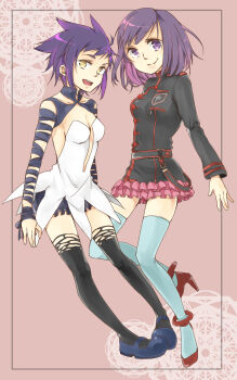 2girls abstract_background akatsuki_kouya anklet arm_ribbon backless_dress backless_outfit badge belt black_belt black_jacket black_order_uniform black_ribbon black_shorts black_thighhighs blue_shoes blue_thighhighs bob_cut border breasts buttons cleavage collarbone commentary_request cross d.gray-man dress facing_viewer frilled_shorts frills high_heels highres horizontal-striped_belt jacket jewelry legs lenalee_lee long_sleeves looking_at_viewer mary_janes messy_hair military military_uniform miniskirt multiple_girls neck_ribbon noah_(d.gray-man) open_mouth outside_border pink_background pink_skirt pleated_skirt purple_eyes purple_hair red_shoes ribbon road_kamelot shoes short_dress short_hair shorts shoulder_ribbon sidelocks skirt sleeveless sleeveless_dress small_breasts smile spiked_hair strapless strapless_dress striped_belt striped_clothes striped_jacket thighhighs thighs torn_clothes torn_thighhighs turtleneck turtleneck_jacket vertical-striped_clothes vertical-striped_jacket white_dress wrist_ribbon yellow_eyes zettai_ryouiki