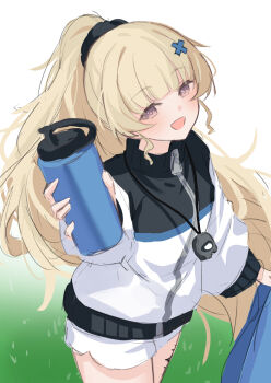 1girl :d alternate_costume alternate_hairstyle blonde_hair bottle commentary_request cowboy_shot hair_ornament highres holding holding_bottle incoming_gift kuramoto_beta-carotene long_hair long_sleeves looking_at_viewer open_mouth pendant_watch phoebe_(wuthering_waves) ponytail purple_eyes shorts simple_background smile solo very_long_hair water_bottle white_background white_jersey white_shorts wuthering_waves x_hair_ornament