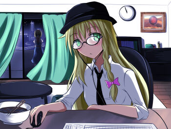 2girls alice_margatroid alternate_eye_color analog_clock balcony black-framed_eyewear black_hat black_necktie blonde_hair blue_dress blush bow braid bucket_hat capelet chopsticks city clock closed_mouth collared_shirt computer_keyboard computer_mouse cookie_(touhou) curtains dress expressionless glasses green_eyes hat highres hinase_(cookie) indoors kirisame_marisa long_hair looking_at_viewer multiple_girls necktie night painting_(object) pink_bow sakuna_brownie shirt short_hair side_braid single_braid standing table touhou upper_body uzuki_(cookie) wall_clock white_capelet white_shirt