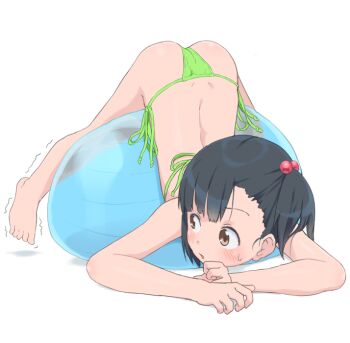 1girl ass ball barefoot bikini black_hair brown_eyes bubukka commentary_request exercise_ball green_bikini hair_bobbles hair_ornament higher_resolution_available jack-o'_challenge loli looking_back lying on_stomach original short_hair side-tie_bikini_bottom simple_background solo swimsuit tachibana_momoka_(bubukka) trembling twintails white_background