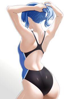 1girl absurdres arms_up ass back blue_hair blue_one-piece_swimsuit facing_away from_behind highres hololive hoshimachi_suisei one-piece_swimsuit ponytail si_farid simple_background solo swimsuit tying_hair virtual_youtuber white_background