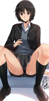 1girl absurdres amagami black_eyes black_hair black_jacket black_one-piece_swimsuit black_skirt blazer bob_cut commentary_request dated grey_sweater_vest highres jacket loafers m_legs nanasaki_ai one-piece_swimsuit pleated_skirt school_uniform shoes short_hair signature simple_background sitting skirt solo spread_legs sweater_vest swimsuit swimsuit_under_clothes white_background yoo_tenchi