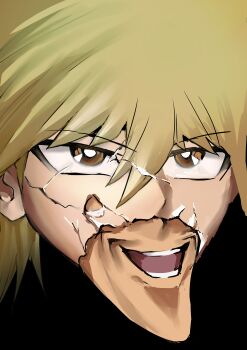 1boy absurdres black_background blonde_hair brown_eyes close-up commentary_request cracked_kawaii_mask cracked_skin creepy_chin_joey_wheeler_(meme) head_only highres jonouchi_katsuya male_focus medium_hair meme open_mouth sharp_chin simple_background smile tanutanax teeth yu-gi-oh! yu-gi-oh!_duel_monsters