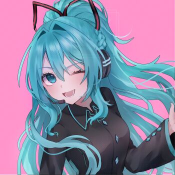 Rule 34 | 1girl, aqua eyes, aqua hair, aqua skirt, black jacket, black ribbon, blush, braid, commentary, double-parted bangs, flipped hair, h raj (pixiv 93311327), hair between eyes, hair ribbon, half up braid, hatsune miku, hatsune miku (if), headphones, headset, highres, jacket, long hair, long sleeves, looking at viewer, miniskirt, one eye closed, pink background, plaid clothes, ponytail, ribbon, shirt, simple background, skirt, smile, solo, striped ribbon, upper body, very long hair, vocaloid, watermark