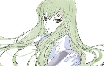 1girl c.c. code_geass commentary english_commentary floating_hair green_eyes green_hair high_collar highres long_hair looking_at_viewer needbee_r parted_lips simple_background solo white_background