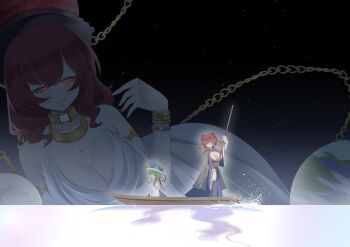 3girls absurdres alternate_costume alternate_size blue_dress blue_vest boat bracelet breasts cape chain cleavage closed_eyes closed_mouth commentary dress earth_(ornament) frilled_hat frills giant giantess gold_chain green_hair grey_cape hair_bobbles hair_ornament hat hecatia_lapislazuli highres jewelry large_breasts long_sleeves moon_(ornament) multiple_girls no_noru on_boat onozuka_komachi rod_of_remorse rowing shiki_eiki smile touhou two_side_up underworld_(ornament) vest watercraft white_dress wide_sleeves