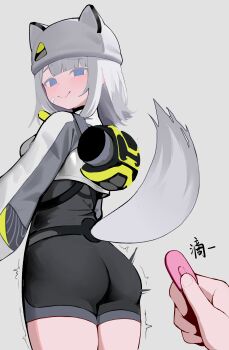 Rule 34 | 1girl, 1other, @ @, absurdres, ambiguous gender, animal ear headwear, animal ears, animal hat, arknights, arknights: endfield, ass, bandaid, bandaid on cheek, bandaid on face, black bodysuit, blue eyes, bodysuit, cat ears, cat girl, cat hat, cat tail, commentary, controller, cowboy shot, estella (arknights), fake animal ears, grey background, grey hair, grey hat, hat, hat with ears, hei tudou, highres, holding, holding controller, holding remote control, implied vibrator, long hair, long sleeves, looking at viewer, out of frame, remote control, remote control vibrator, sex toy, simple background, smile, solo focus, tail, translation request, vibrator, wireless sex toy controller