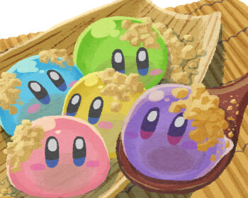 blue_eyes blush_stickers colorful flour food food_focus foodification kirby kirby_(series) looking_at_viewer miclot nintendo no_humans spoon warabimochi