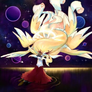 1boy 1girl absurdly_long_hair beak bird_girl blonde_hair blue_eyes breasts commentary dress english_commentary feathers furry furry_female hazbin_hotel hellaverse helluva_boss highres husk3rdust long_eyelashes long_hair solo speaker_of_god_(hazbin_hotel) stolas_(helluva_boss) very_long_hair yellow_dress yellow_feathers