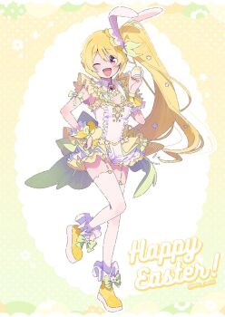 1girl alternate_costume animal_ears arm_bow ascot back_bow blonde_hair boots bow breasts brooch center_frills cleavage collared_dress commentary_request cross-laced_clothes cross-laced_dress dress easter easter_egg egg english_text fake_animal_ears floppy_ears flower footwear_bow footwear_flower frilled_dress frilled_footwear frilled_ribbon frills full_body gem gradient_background green_background green_bow hair_bow hair_flower hair_ornament hand_on_own_hip happy happy_easter heart heart-shaped_gem heart_brooch highres holding holding_egg jewelry knees light_blush long_hair magia_record:_mahou_shoujo_madoka_magica_gaiden mahou_shoujo_madoka_magica one_eye_closed open_mouth oval pink_eyes polka_dot polka_dot_background rabbit_ears red_gemstone ribbed_legwear ribbon see-through_clothes see-through_thighhighs serizawa_serizane short_dress side_ponytail sleeveless sleeveless_dress smile solo thighhighs togame_momoko twitter_username very_long_hair white_dress white_flower white_thighhighs wrist_bow wrist_cuffs yellow_ascot yellow_background yellow_boots yellow_wrist_cuffs