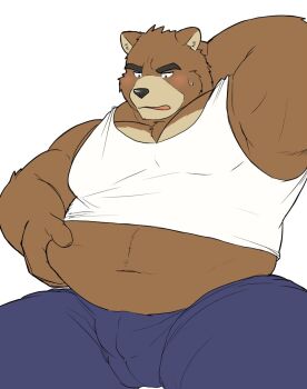 1boy animal_ear_fluff animal_ears arm_behind_head bear_boy bear_ears belly blue_pants blush brown_fur embarrassed fat fat_man furry furry_male hand_on_own_stomach highres juuichi_mikazuki looking_down male_focus morenatsu navel nikukyu299paw open_mouth pants sitting sweatdrop tank_top white_background white_tank_top