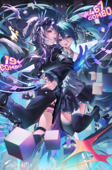 2girls absurdres back bare_shoulders black_jacket black_skirt black_thighhighs crossed_bangs cube detached_sleeves eyewear_on_head goggles goggles_on_head green_eyes green_hair hair_between_eyes hair_ornament hatsune_miku highres honkai:_star_rail honkai_(series) hood jacket jumping long_hair looking_at_viewer looking_back mechanical_tail multiple_girls necktie open_mouth ponytail purple_eyes purple_hair shiinorri shirt silver_wolf_(honkai:_star_rail) silver_wolf_(lv.999)_(honkai:_star_rail) skirt tail thigh_strap thighhighs twintails vocaloid white_shirt
