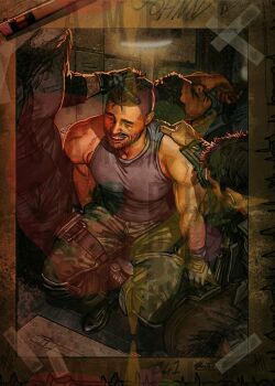 4boys absurdres bara black_gloves black_hair black_jacket black_pants call_of_duty call_of_duty:_modern_warfare_2 camouflage camouflage_pants closed_eyes dark-skinned_male dark_skin facial_hair gaz_(call_of_duty_4) ghost_(modern_warfare_2) gloves green_pants grey_tank_top highres jacket large_pectorals looking_at_another male_focus mask multiple_boys muscular muscular_male open_mouth pants pectorals second-party_source short_hair sitting skull_mask smile soap_(modern_warfare_2) tank_top umikochannart