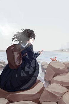 Rule 34 | 1girl, backpack, bag, black eyes, black hair, blue sailor collar, blue shirt, blue skirt, brown bag, commentary request, crab, from behind, highres, long sleeves, medium hair, original, outdoors, parted lips, pentagon (railgun ky1206), sailor collar, school uniform, serafuku, shirt, skirt, solo, v