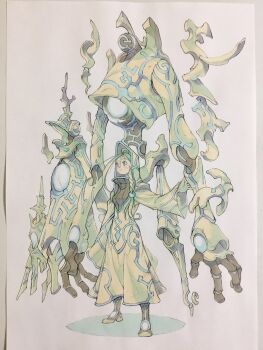 1girl black_eyes black_sweater blonde_hair boots braid brown_boots closed_mouth commentary_request floating golem grey_robe hair_between_eyes high_collar highres hood hood_up hooded_robe long_hair long_sleeves original peter_salt ribbed_sweater robe side_braid single_braid standing sweater traditional_media wide_sleeves