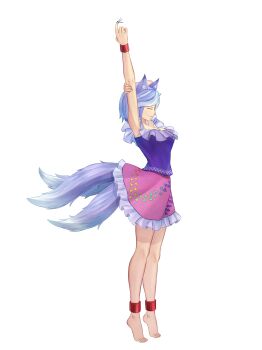 1girl absurdres animal_ears arm_up barefoot closed_eyes closed_mouth commentary dog_ears dog_girl extra_tails frilled_skirt frills from_side full_body gradient_tail grey_hair highres holding_own_arm mikotouca mitsugashira_enoko pink_skirt purple_hair purple_shirt rainbow_print shirt short_hair simple_background skirt sleeveless sleeveless_shirt solo standing stretching touhou variant_set white_background