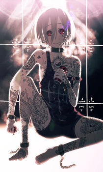Rule 34 | 1boy, animal tattoo, ankle bell, ankle tattoo, arm at side, arm tattoo, backlighting, barbell piercing, barefoot, bishounen, black collar, black nails, black tank top, bloom, bright pupils, can, chain, chain tattoo, chest tattoo, closed mouth, clothes writing, collar, collarbone, colored smoke, compass tattoo, cross piercing, cuffs, dragon tattoo, drink can, ear chain, ear piercing, earrings, electronic cigarette, facial scar, flower tattoo, foot tattoo, full-body tattoo, full body, glint, grey hair, grid background, grid print, hair between eyes, hand on own chest, hand up, heart, heart tattoo, highres, holding, holding can, holding electronic cigarette, industrial piercing, jewelry, knee up, leg tattoo, light smile, linked piercing, lizard tattoo, lock, long bangs, long hair between eyes, looking at viewer, male focus, multiple scars, neck tattoo, off shoulder, original, padlock, piercing, print tank top, red eyes, rejoys, scar, scar on arm, scar on cheek, scar on chest, scar on face, scar on feet, scar on hand, scar on leg, scar on mouth, scar on shoulder, scar on thighs, scars all over, shackles, short hair, short shorts, shorts, side labret piercing, sidelocks, single bare shoulder, sitting, smile, smoke, soda can, solo, spiked ear piercing, spread legs, star (symbol), star tattoo, straight-on, strap slip, sun symbol, sun tattoo, sword tattoo, tan, tank top, tattoo, text tattoo, toenails, too many, vampire, vaping, white pupils, white trim, wrist belt, yin yang, yin yang tattoo