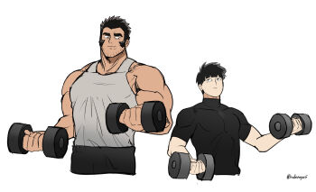2boys artist_name black_hair black_shirt dark-skinned_male dark_skin exercising bad_tag gouda_musashi highres kageyama_shigeo male_focus mob_psycho_100 multiple_boys muscular muscular_male sadynsava shirt short_hair signature simple_background sleeveless sleeveless_shirt training weightlifting
