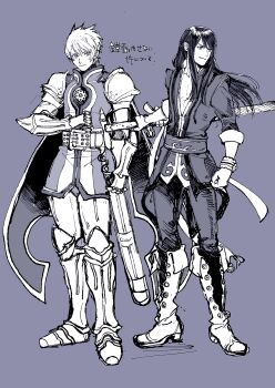 Rule 34 | 2boys, armor, armored boots, ashinamaturi, black hair, black pants, boots, bracer, closed mouth, commentary request, flynn scifo, full body, hair between eyes, highres, holding, holding weapon, long hair, male focus, multiple boys, pants, pauldrons, purple background, short hair, shoulder armor, sketch, sleeves rolled up, smile, standing, surcoat, sword, tales of (series), tales of vesperia, vambraces, weapon, yuri lowell