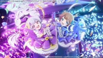 2girls :d ahoge arm_up assault_lily audience blue_bow blue_bowtie blue_dress blue_eyes blue_gloves blue_shoes bow bowtie braid braided_ponytail brown_hair commentary_request concert confetti copyright_notice dress dress_flower floating_hair flower frilled_dress frills full_body futagawa_fumi gloves glowstick grey_hair hair_flower hair_ornament hairband hand_up holding_hands jumping long_hair looking_at_viewer magical_girl midair miriam_hildegard_von_gropius multicolored_dress multiple_girls official_alternate_costume official_alternate_hairstyle official_art open_mouth outstretched_arm palms_together penlight_(glowstick) puffy_short_sleeves puffy_sleeves purple_bow purple_bowtie purple_dress purple_eyes purple_gloves purple_shoes reaching reaching_towards_viewer saitou_atsushi_(kamatamanankotu) screen shoes short_sleeves single_braid smile snowflake_hair_ornament sparkle stage stairs teeth thighhighs upper_teeth_only very_long_hair white_bow white_dress white_thighhighs yellow_dress yellow_flower yellow_hairband