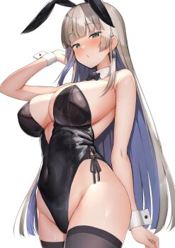 absurdres animal_ear_hairband animal_ears black_thighhighs bow bowtie breasts brown_hair detached_collar fake_animal_ears green_eyes hairband highres indie_virtual_youtuber large_breasts leotard long_hair playboy_bunny rabbit_ears rj_(coeurdemetale) side-tie_leotard simple_background strapless strapless_leotard thighhighs tsukiyono_akira very_long_hair virtual_youtuber white_background wrist_cuffs