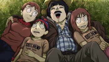 Rule 34 | 2boys, 2girls, arm around shoulder, beanie, black eyes, black hair, blue headwear, blue pants, blue shirt, brown hair, brown jacket, brown shirt, collared shirt, dlcu3w, facial hair, family, frown, hat, highres, jacket, long hair, long sleeves, multiple boys, multiple girls, mustache, open mouth, pants, pink pants, randy marsh, sharon marsh, shelley marsh, shirt, short hair, short sleeves, smile, south park, stan marsh, straw hat, teeth, v-shaped eyebrows