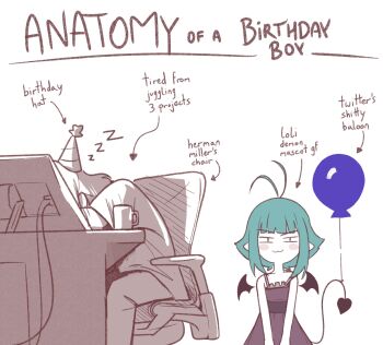 1boy 1girl :3 age_difference anatomy_of_a_gamer_(meme) antenna_hair aqua_hair artist_self-insert balloon bare_shoulders bat_wings birthday black_dress blunt_bangs blush blush_stickers bob_cut chair child_gf_(orenji) child_gf_(orenji)_(cosplay) closed_mouth coffee_mug commentary cosplay cup demon_girl demon_tail demon_wings desk drawing_tablet dress dudul english_commentary english_text faceless faceless_male frilled_dress frills hat hatching_(texture) head_down height_difference highres looking_at_viewer meme mug narrowed_eyes nia_(dudul) office_chair on_chair original pants partially_colored party_hat pointing_out_the_details pom_pom_(clothes) shirt short_hair simple_background sitting sleeping smile smug spaghetti_strap standing strap_slip striped_hat sundress swivel_chair t-shirt tail v-shaped_eyebrows v_arms white_background wings zzz