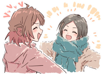 2girls :d ^_^ ahoge aqua_scarf arrow_(symbol) blush brown_hair brown_jacket closed_eyes facing_another gakuen_idolmaster grey_hair hanami_ume heart hood hood_down idolmaster jacket kuramoto_china medium_hair multiple_girls open_mouth outstretched_arms parted_bangs pink_jacket profile revision scarf sidelocks simple_background smile spread_arms textless_version two_side_up v-shaped_eyebrows white_background yukitake_(xuserpost)