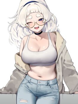 1girl bare_shoulders black_choker blue_pants blush breasts choker cleavage commentary crop_top denim glasses grey_jacket highres jacket jeans large_breasts long_hair looking_at_viewer meg_(wakamepiza) midriff navel off_shoulder open_clothes open_jacket open_mouth original pants ponytail purple_eyes round_eyewear semi-rimless_eyewear shirt short_bangs skindentation sleeveless sleeveless_shirt solo stomach symbol-only_commentary teeth thick_eyebrows thick_eyelashes torn_clothes torn_jeans torn_pants under-rim_eyewear upper_teeth_only wakamepiza white_hair white_shirt yellow-framed_eyewear