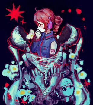 1girl absurdres ahoge arm_tattoo black_background black_shirt collared_shirt detached_sleeves drill_hair hand_up hatsune_miku headphones highres kasane_teto kasane_teto_(utau) nou_1182 red_eyes red_hair shedding shirt short_hair sleeveless sleeveless_shirt standing tattoo twitter_username utau vocaloid