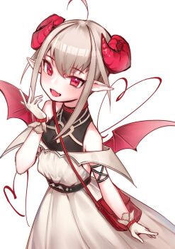 1girl ahoge bag bare_shoulders belt belt_collar blush bracelet broken_heart_print collar colored_tips cowboy_shot curled_horns demon_girl demon_horns demon_wings dress dyed_ahoge fang from_above gloves grey_hair hair_between_eyes handbag heart heart_background highres horns jewelry long_dress looking_at_viewer makaino_ririmu makaino_ririmu_(1st_costume) multicolored_hair nijisanji off-shoulder_dress off_shoulder open_mouth pointy_ears red_bag red_collar red_eyes red_horns red_streaks red_wings shirt_under_dress short_hair shoulder_bag sidelocks simple_background skin_fang smile solo standing streaked_hair sunege_(hp0715) undershirt virtual_youtuber white_background white_dress white_gloves wings