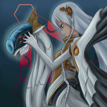 00s 1girl ar_tonelico ar_tonelico_i blue_eyes braid elbow_gloves female_focus gloves gust hair_ornament headpat long_hair red_eyes serpent shurelia_(ar_tonelico) solo tsukeyakiba very_long_hair white_hair