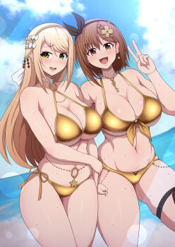 atelier_(series) atelier_ryza bikini black_gem blonde_hair blue_sky braid breasts brown_eyes brown_hair brown_hairband chain chain_necklace cleavage cloud dutch_angle earrings floating_earrings gem gold_bikini gold_hairband gold_necklace hair_between_eyes hairband halterneck highres hand_on_own_arm jewelry key key_necklace klaudia_valentz large_breasts long_hair necklace o-ring o-ring_bikini ocean parted_bangs ponponmaru raised_eyebrows reisalin_stout side-tie_bikini_bottom skindentation sky star_(symbol) star_necklace string_bikini swept_bangs swimsuit thick_thighs thigh_strap thighs
